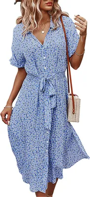 Produktbild von ASKSA Damen Blumen Sommerkleid Polka Dots Lose Kleid Freizeitkleid, Blau, XL