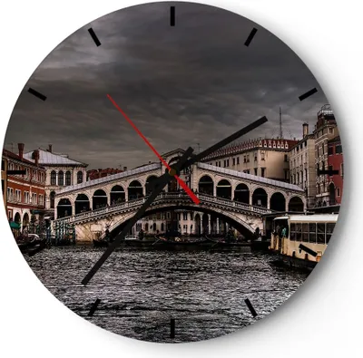 Produktbild von Wanduhr - Rund - Glasuhr - Venedig Brücke Wasser Stadthäuser - 30x30cm - Schleichendes Uhrwerk - Lautlos - zum Aufhängen bereit - Dekoration Modern - Wanddekoration aus Glas - C3AR30x30-0339