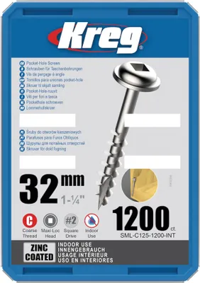 Zdjęcie produktu dla Kreg SML-C125-1200 Wkręty do otworów montażowych 4,0 x 32 mm 1200 szt. Gruby gwint Maxi-Loc ocynkowany do drewna