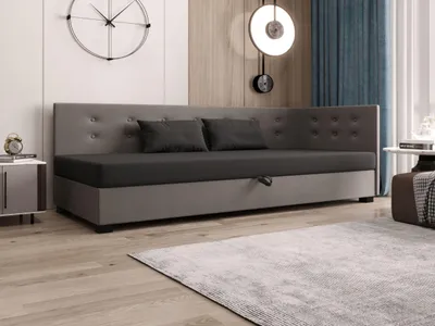 Obrázok produktu pre AURA SOFA Boxspring posteľ  OLAF PLUS 100x195 Kompletná sada s matracom Bonell, čalúnená posteľ s úložným priestorom –  sivá/tmavošedá, SAWANA 21/05