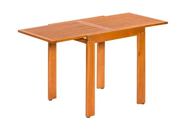 A wooden table with slatted top and four legs, shown against a white background.