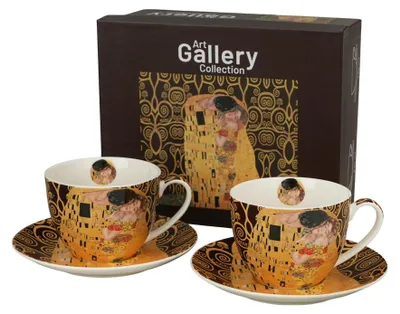 Image de DUO | Tasse - Tasses à café - Klimt Le Baiser - 2x250 ml - Set de 2 tasses en porcelaine avec 2 soucoupes - marron crème