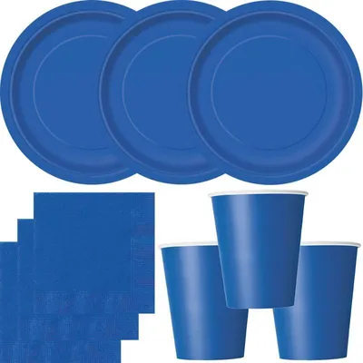 Produktbild von Party Deko Set Blau Einweggeschirr für 14 Personen Teller, Becher, Servietten