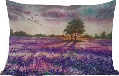 Produktbild von MuchoWow® Outdoor Kissen - Lavendel - Farbe - Vögel - Bäume - Lila - 60x40 cm - Wetterfest - Lounge Kissen - Zierkissen - Kissen für Innenräume