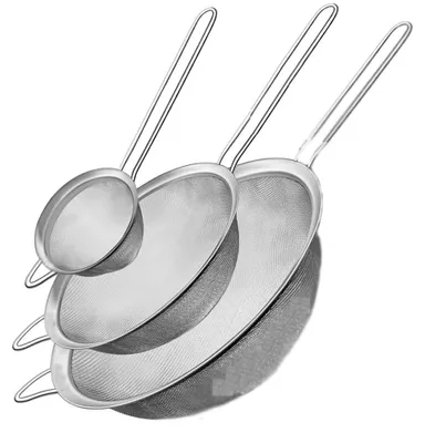 Obrázek produktu pro Sada kuchyňských sít, 3 kusy, nerezová síta s rukojetí, 8/12/18 cm, jemné drátěné pletivo do kuchyně, scezení, propasírování a filtrování