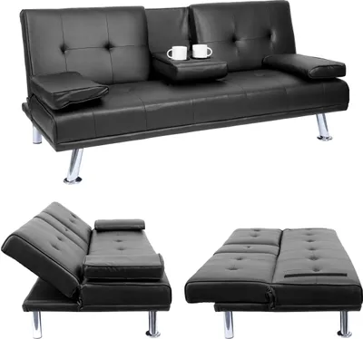 Obrázok produktu pre 3-miestna pohovka HWC-F60, rozkladacia pohovka pre hostí, nastaviteľný držiak na pohár 97x166cm ~ Imitácia kože, čierna
