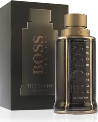 A bottle of Hugo Boss The Scent Le Parfum for Him and its packaging are displayed against a white background.