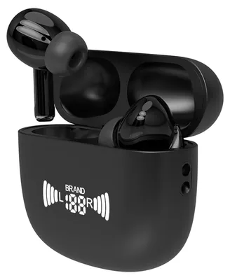 A pair of black wireless earbuds in their charging case, with the lid open.