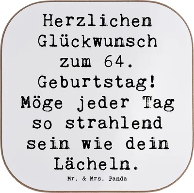 Produktbild von Mr. & Mrs. Panda Untersetzer Tasse Spruch 64. Geburtstag - Weiß - Geschenk, Holzuntersetzer, für Gläser, Freude, bieruntersetzer, gläseruntersetzer, Happy Birthday, Alter