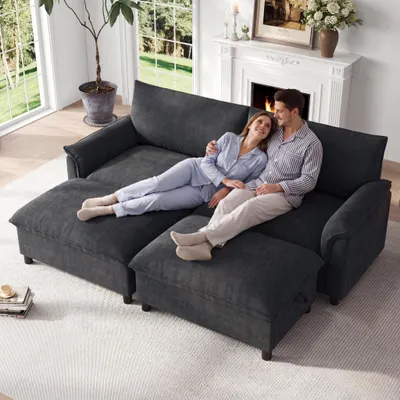 Zdjęcie produktu dla Merax Cloud – 4-osobowa sofa narożna z funkcją spania, 2 pufy z schowkiem, sofa z tkaniny szenilowej, duża sofa do salonu z głębokim siedziskiem, beżowa