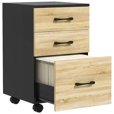 Produktbild von HOMCOM Büro-Kommode, Aktenschrank mit 4 Rollen, 3 Schubladen für A4-Briefformat, für Arbeitszimmer, Wohnzimmer, 40 x 42 x 65 cm, Eiche und Schwarz