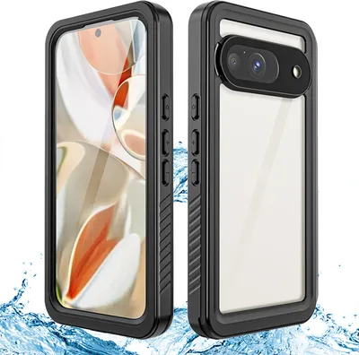 Two views of a black phone case with a clear back, showing the front and back of a phone inside.