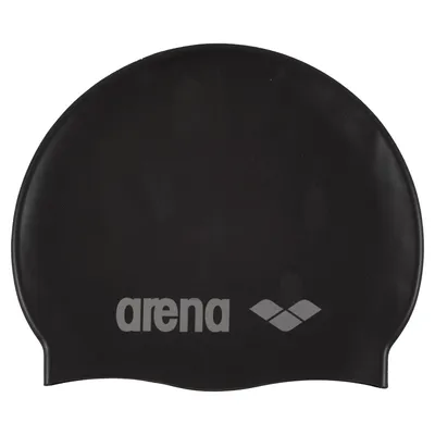 A black Arena swim cap is shown against a white background.