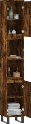 A tall, narrow wooden cabinet with multiple shelves and two doors, one of which is open, displaying various bathroom items and folded towels.