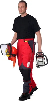 Produktbild von WOODSafe Profi-Schnittschutzhose Klasse 2, Forsthose, kwf-, Bundhose rot/grau, Herren - Waldarbeiterhose mit Schnittschutz Form A, leichtes Gewicht - Größe 50