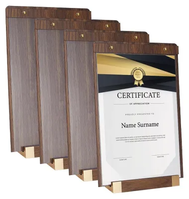 Immagine prodotto di Set di 4 supporti in acrilico per espositori da tavolo, con base color legno, per una presentazione verticale