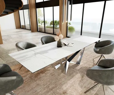 Produktbild von DELIFE Esstisch Edge 200-300x100 Keramik Laminam®Statuarietto Weiß Spider Flachstahl Edelstahl ausziehbar