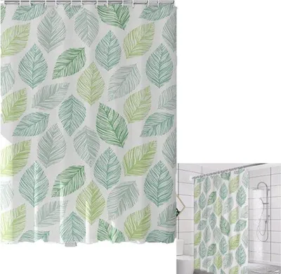 Produktbild von Wasserabsperrvorhang - PEVA lang wasserabweisend - Wasserabsperrvorhang - grüne Blätter - schimmelresistenter Badvorhang - mit Haken - schnell trocknend - 180x200 cm