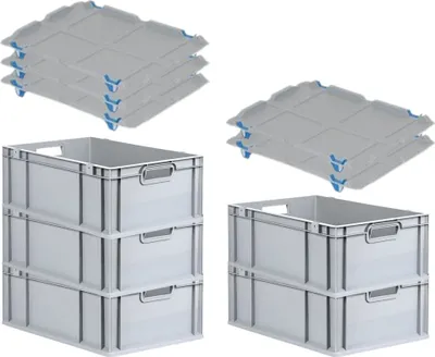 Produktbild von SparSet 5x Eurobox NextGen Economy mit Auflagedeckel und 4x Schiebeschnappverschlüsse Blau | Griffe offen | HxBxT 22x40x60cm | 44 Liter | Eurobehälter, Transportbox, Transportbehälter, Stapelbehälter
