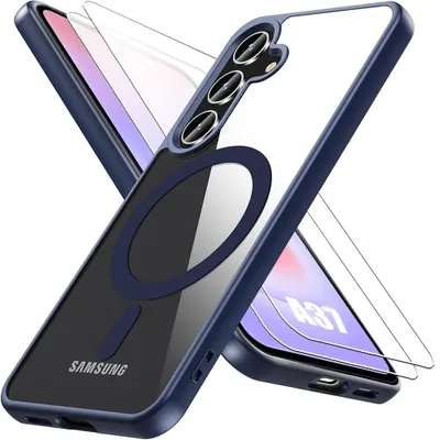 Image de Coque + 2 Verres Trempés pour Samsung Galaxy A37 5G, Rigide avec Cercle Magnétique - Bleu Marine