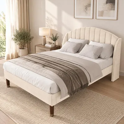 Imagen del producto de INONEFT, cama tapizada de matrimonio, 140x190 cm, con cabecero, cama juvenil, estructura de cama con somier, para adultos y jóvenes, terciopelo, color beige