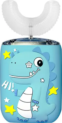 Imagen del producto de Cuidado dental eficaz para niños: Cepillo de dientes eléctrico infantil en forma de U, diseño de dinosaurio, color azul