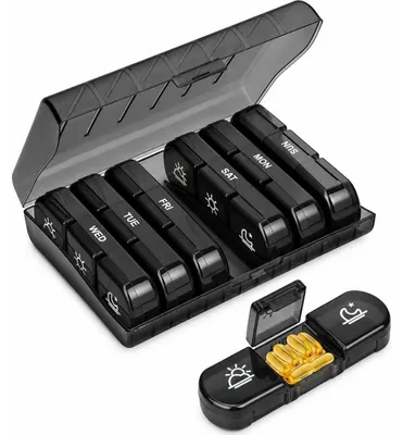 Zdjęcie produktu dla Pudełko na tabletki na 7 dni, z 3 przegródkami, wolne od BPA. Przeznaczone do stosowania rano, w południe i wieczorem. Przenośne, idealne w podróży