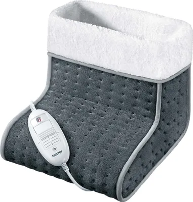A close-up studio shot of a gray electric foot warmer with a white fluffy lining.