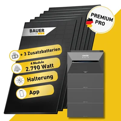 Produktbild von 2790 Watt, Bifazial Komplettset, Balkonkraftwerk, Anker SOLIX Solarbank 3 E2700 Pro, 3 x BP2700 Zusatzbatterien, Halterung Fassade 90 Grad, Anker SOLIX Anschlusskabel 15 m
