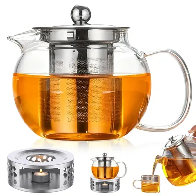 Glaskanne 1300 ml mit Teesieb und Stövchen, Borosilikatglas