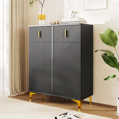 Produktbild von okwish Kommode Sideboard mit viel Stauraum, Schrank mit 2 tür und 2 Schubladen mit goldenen Griffen, Schubladenschrank Anrichte Schuhschrank für Wohnzimmer, 82*35*101 cm, Schwarz