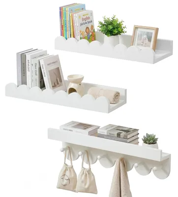 Zdjęcie produktu dla Omgoods - Zestaw 3 półek ściennych do pokoju dziecięcego - półki drewniane o wysokości 40 cm z okrągłymi haczykami