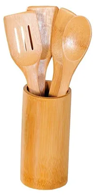 Productafbeelding van Bamboe 5-delige Houten Keukenset | Houten Keukengerei inclusief Ronde Houder | Spatel, Pollepel etc. | Afm. 8,5 x 8,5 x 18 Cm. (5 Delig)