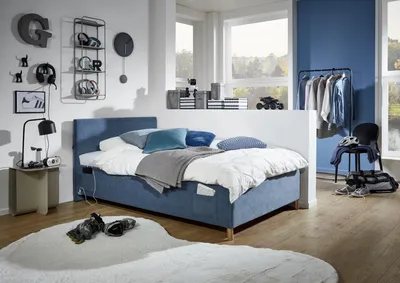 Produktbild von Meise Möbel Kinderbett Cool 120x200 cm | Bettkasten & Lattenrost | Cordstoff Ocean | Holzfuß eichefarbig