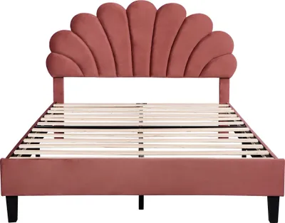 Produktbild von Flieks Polsterbett 140x200cm Samt mit Blumenform-Kopfteil und Lattenrost Doppelbett Kinderbett für Damen Kinder Jugend