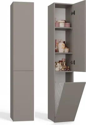 Produktbild von Badezimmerschrank mit Wäschekorb: eine Tür, drei Einlegeböden, Farbe: Ton,