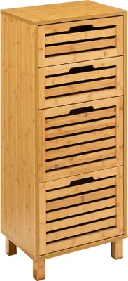 A tall, narrow bamboo cabinet with four slatted drawers and four short legs, shown against a white background.