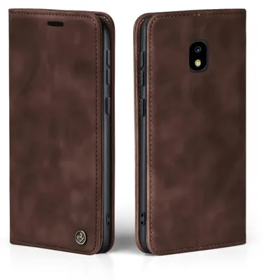 Two views of a brown leather flip phone case for a Samsung Galaxy J3 2017.