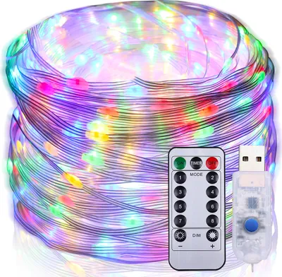 A coiled string of colorful LED lights with a remote control and USB connector.