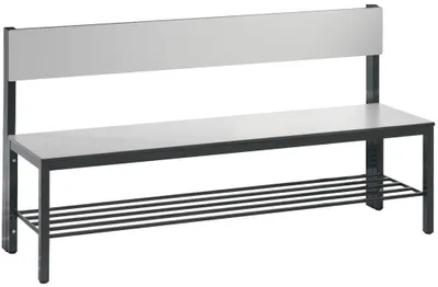 Produktbild von Garderobenbank mit Rückenlehne, Sitzfl. HPL-Platte silbergrau,mit Schuhrost, BxT 1500x407 mm, Sitzhöhe 401 mm, 4 Füße, Gestell RAL 7021
