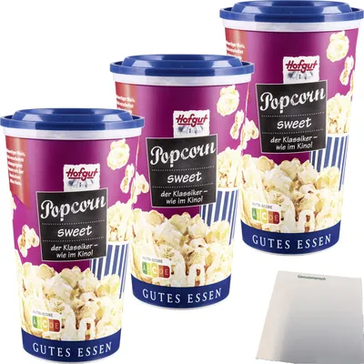 Produktbild von Hofgut Popcorn süß Becher 3er Pack (3x50g Becher) + usy Block