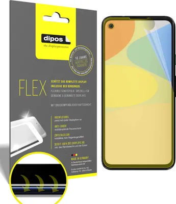 A product package for a screen protector is shown next to a smartphone with a screen protector applied.
