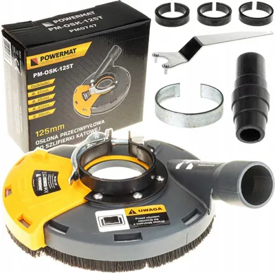 A product shot of a dust cover for a grinder, along with its accessories and packaging.