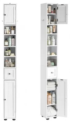 Produktbild von Badezimmerschrank hoch schmal weiß MDF 1 Schublade 4 offene Fächer 2 Türen