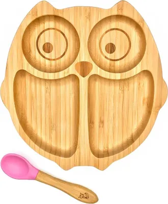 Produktbild von Bambus-Teller für Kinder inkl. Löffel - mit Eulenmotiv - Rosa Babyteller  Löffel Bambus Schüssel Saugnapf