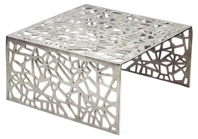 Couchtisch Aluminium Silber 60x60 cm mit Astmuster-Gestell, Gesamtansicht von oben schräg.