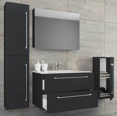 Produktbild von VCM 5-tlg. Set | 1 Waschtisch mit zwei Schubladen, 1 Spiegelschrank, 1 Waschbecken, 1 Midischrank, 1 Hochschrank | Keramik Waschbecken | hängend Unterschrank 80 cm | Badmöbel Set Waschplatz – Badinos
