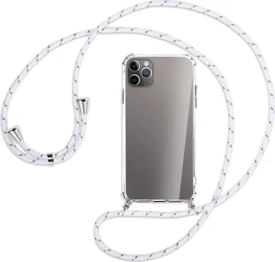 Produktbild von Handykette Backcover-Schutzhülle mit Band (Metall silberfarben) für Apple iPhone 11 Pro Max - weiß/grau