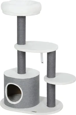 Produktbild von Kratzbaum mit 1 Katzenhöhle, 1 Katzenbett, 2 Plattformen, Jute-Seilspfosten, Weiß + Grau