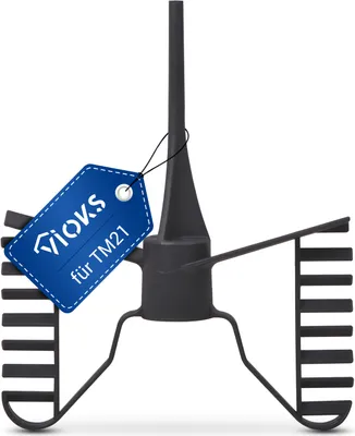 A black kitchen appliance attachment with a blue tag attached.